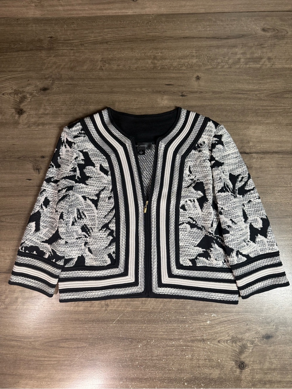 St John Womens 8 Black Ivory Floral Jacquard Knit Zip Jacket Cardigan USA